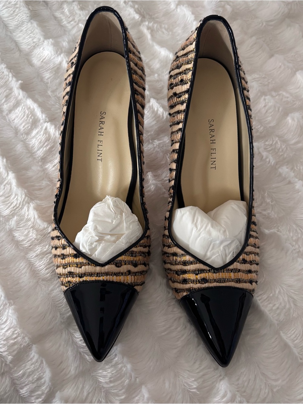Sarah Flint Beige and Black Pointed Toe Flats 41.5